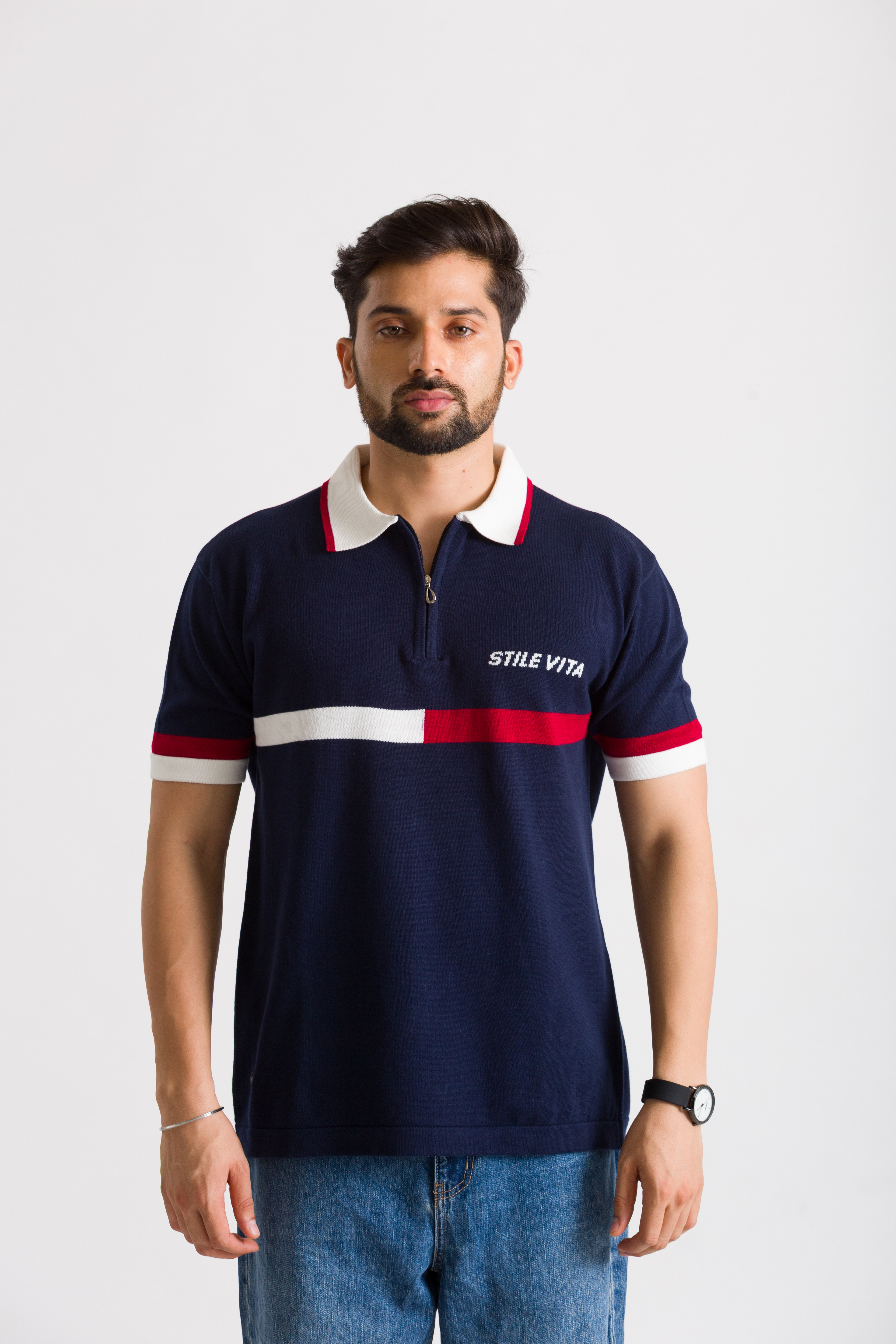 Knitted Navy Blue (Red & White Stripes) Polo T-Shirt